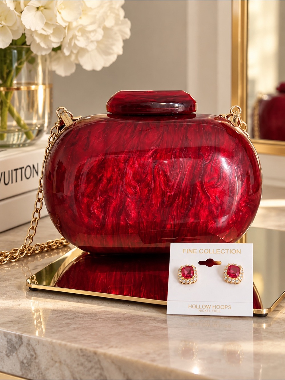 Red Marble Effect Hard Shell Crossbody Clutch with Gold Chain with earrings